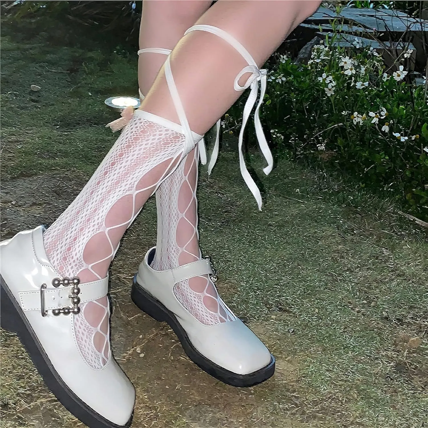 Women's Knee High Fishnet Socks Mesh Socks Lolita Fishnets Bowknot Tie Tights Cosplay Costumes Stockings 2 Pairs