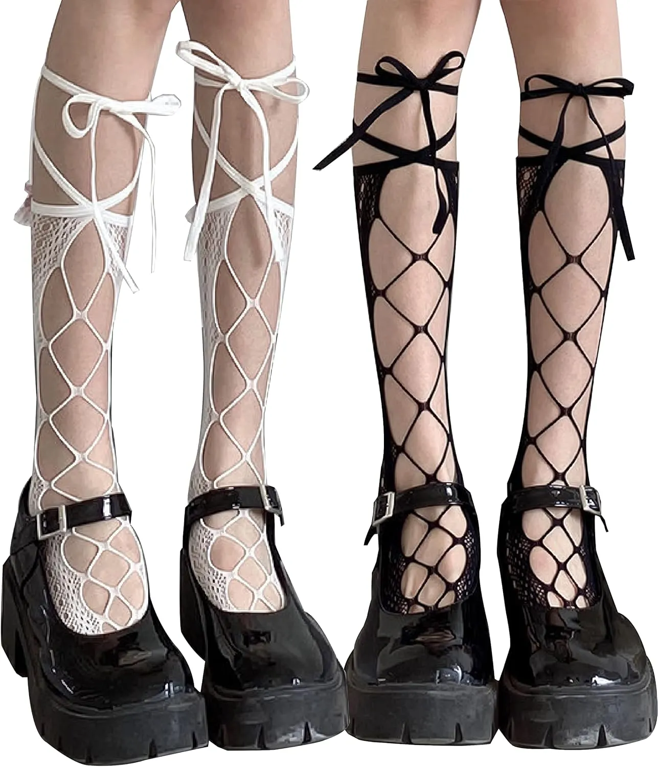Women's Knee High Fishnet Socks Mesh Socks Lolita Fishnets Bowknot Tie Tights Cosplay Costumes Stockings 2 Pairs