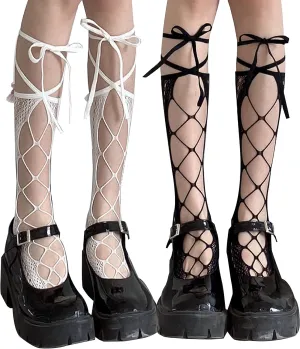 Women's Knee High Fishnet Socks Mesh Socks Lolita Fishnets Bowknot Tie Tights Cosplay Costumes Stockings 2 Pairs