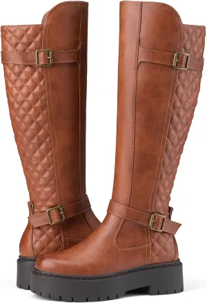 Women's Knee High Riding Boots with Side Zipper - Chunky Platform Motorcycle Boots for Women