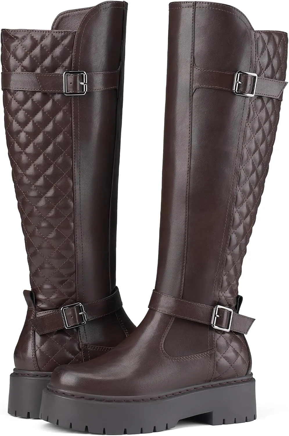 Women's Knee High Riding Boots with Side Zipper - Chunky Platform Motorcycle Boots for Women