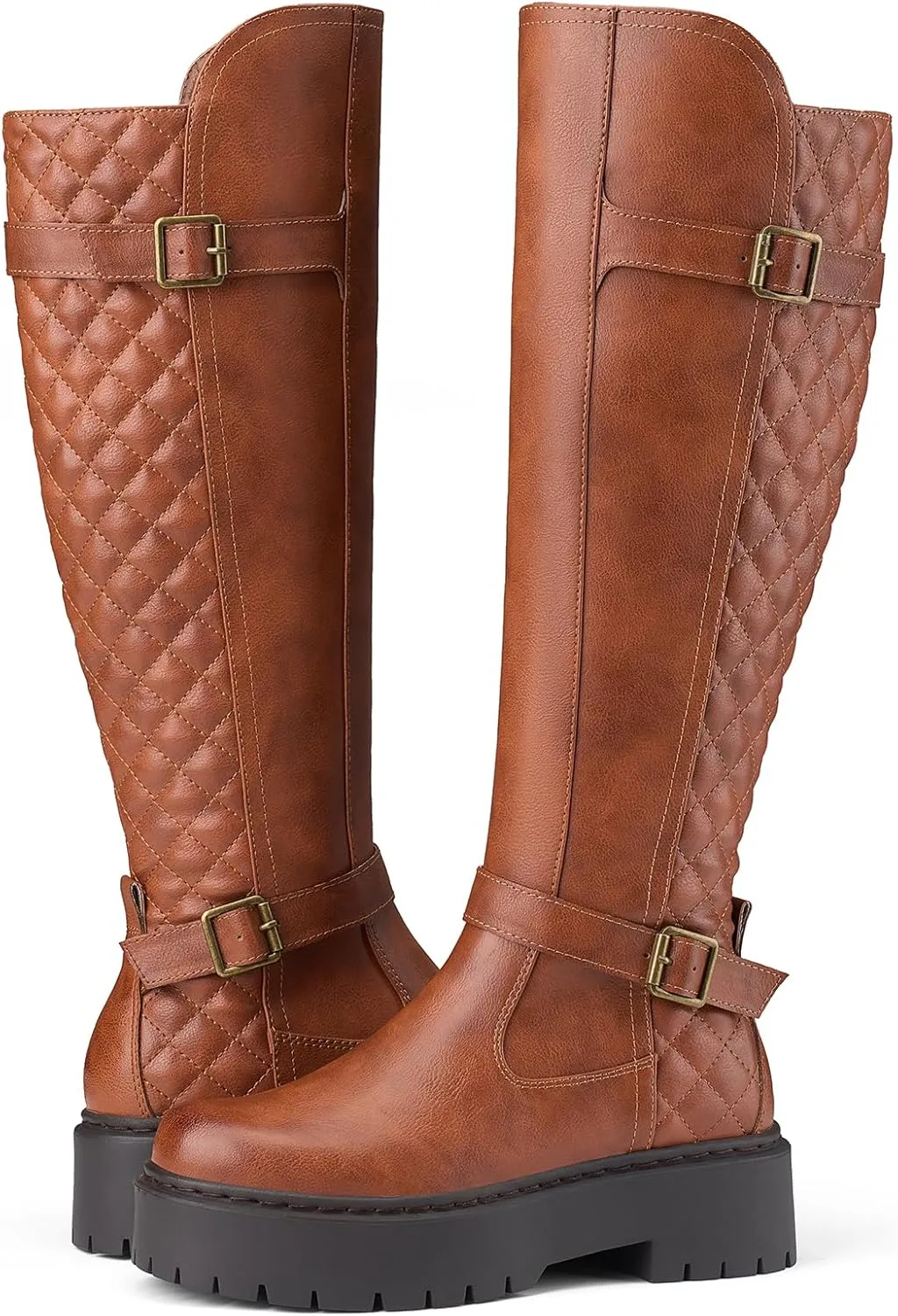 Women's Knee High Riding Boots with Side Zipper - Chunky Platform Motorcycle Boots for Women