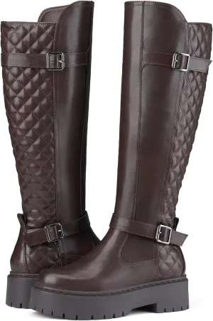Women's Knee High Riding Boots with Side Zipper - Chunky Platform Motorcycle Boots for Women