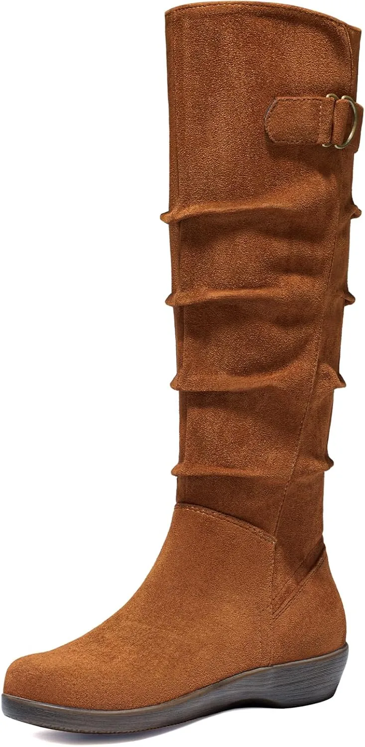 Women's Knee High Slouchy Boots Flat Tall Boots for Women Pull On Fall Boots with Side Zipper