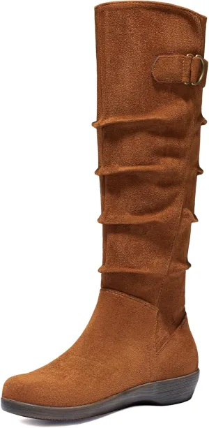 Women's Knee High Slouchy Boots Flat Tall Boots for Women Pull On Fall Boots with Side Zipper