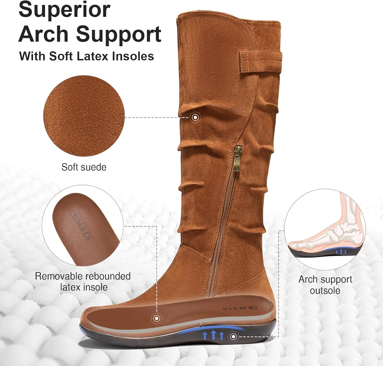 Women's Knee High Slouchy Boots Flat Tall Boots for Women Pull On Fall Boots with Side Zipper