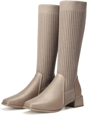 Women's Knee High Stretch Knit Chunky Heel Non-Slip Boots