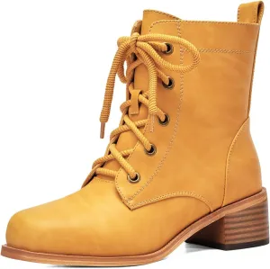 Women's Lace-Up Combat Boots Low Heel Waterproof Casual Fashion Ankle Booties