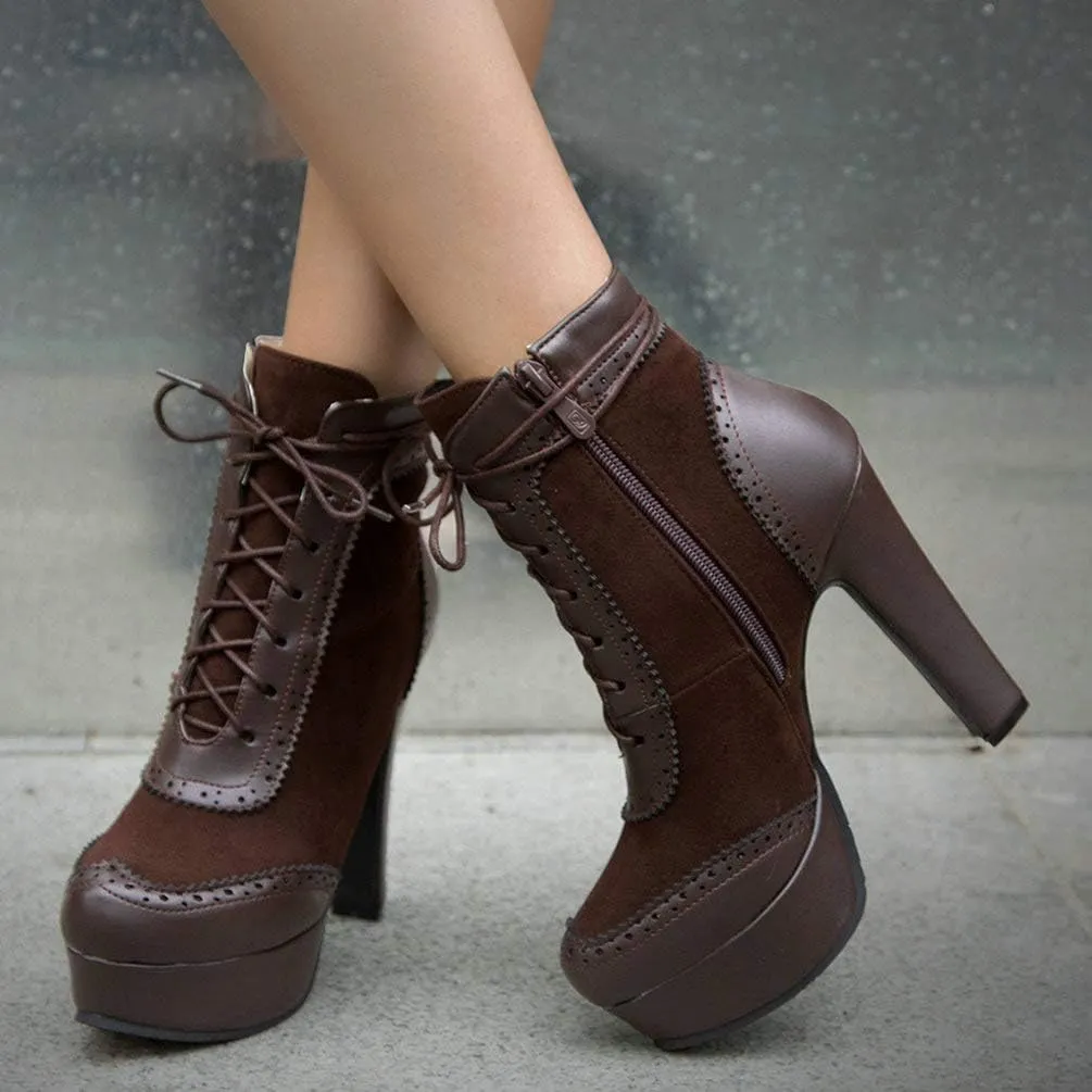Womens Lace Up High Heel Ankle Boots Platform Booties with Zipper