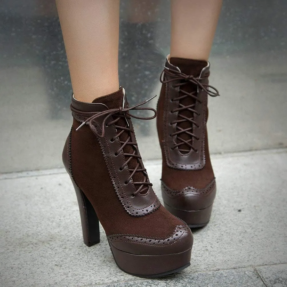 Womens Lace Up High Heel Ankle Boots Platform Booties with Zipper