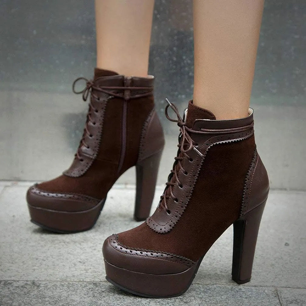 Womens Lace Up High Heel Ankle Boots Platform Booties with Zipper