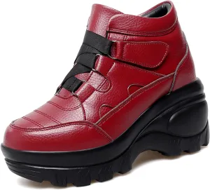 Women's Leather Orthopedic Chunky Platform Ankle Boots with Hook Loop Retro Comfortable Round Toe Arch Support Wedge Booties Casual Anti-slip Daily Work Walking Shoes