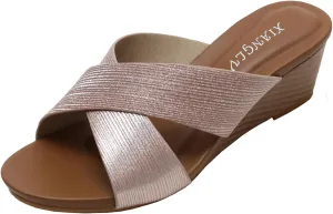 Women's Leather Platform Wedge Sandals Shiny Fashion Roman Bohemian Open Toe Slip-On Beach Casual High Heels Dressy Slippers