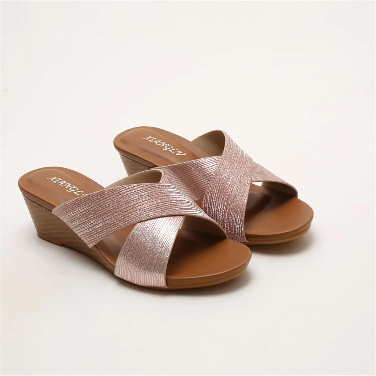 Women's Leather Platform Wedge Sandals Shiny Fashion Roman Bohemian Open Toe Slip-On Beach Casual High Heels Dressy Slippers