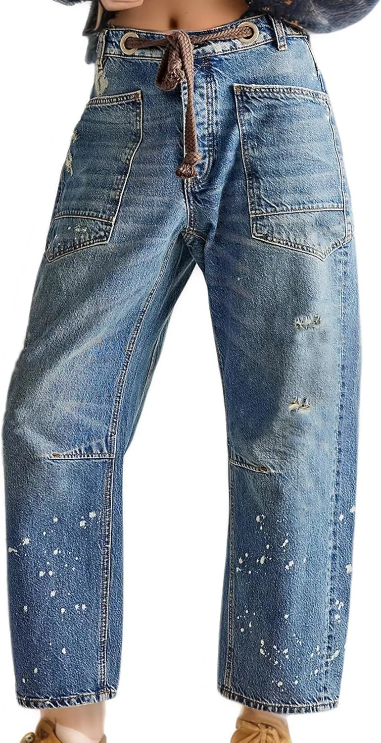 Womens Moxie Pull-On Barrel Jeans Mid-Low Rise Boyfriend Drawstring Ankle Baggy Jeans Elastic Waist Stretchy Denim Pants