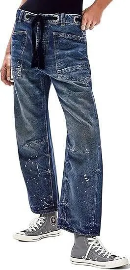 Womens Moxie Pull-On Barrel Jeans Mid-Low Rise Boyfriend Drawstring Ankle Baggy Jeans Elastic Waist Stretchy Denim Pants