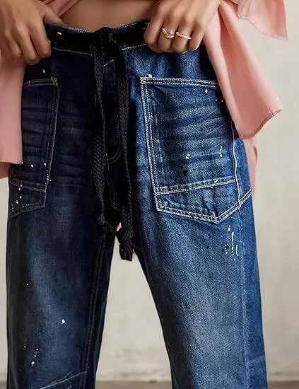 Womens Moxie Pull-On Barrel Jeans Mid-Low Rise Boyfriend Drawstring Ankle Baggy Jeans Elastic Waist Stretchy Denim Pants