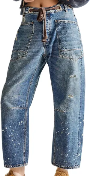 Womens Moxie Pull-On Barrel Jeans Mid-Low Rise Boyfriend Drawstring Ankle Baggy Jeans Elastic Waist Stretchy Denim Pants