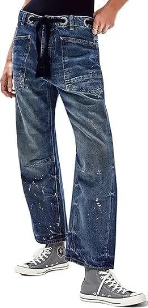 Womens Moxie Pull-On Barrel Jeans Mid-Low Rise Boyfriend Drawstring Ankle Baggy Jeans Elastic Waist Stretchy Denim Pants