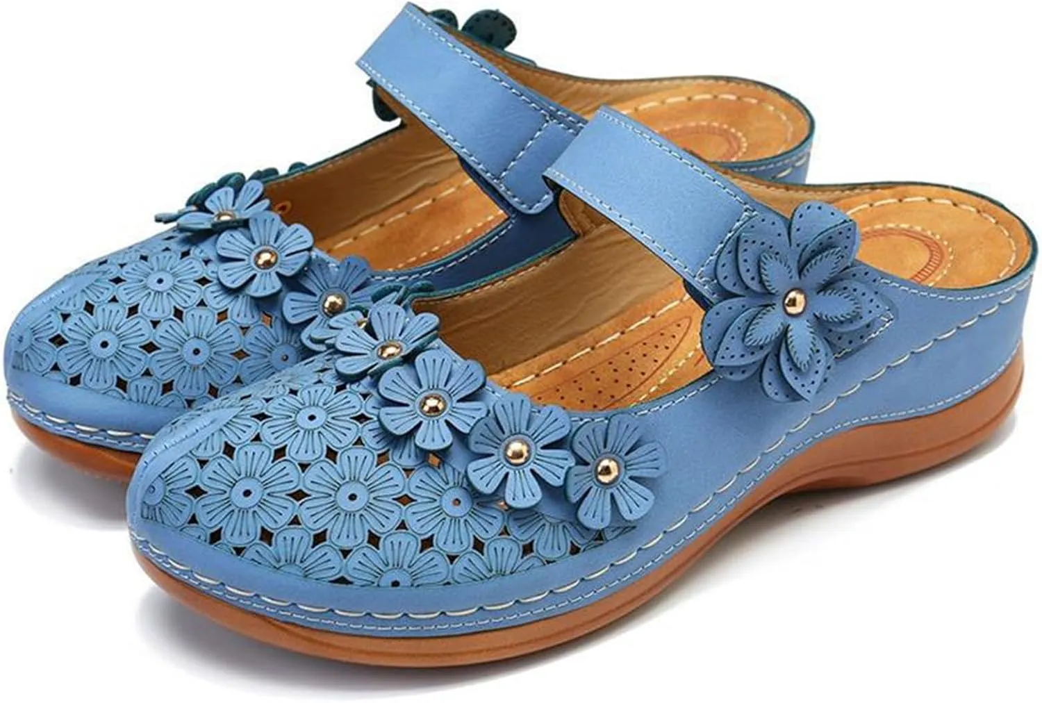 Womens Mule Closed Toe Slip On Clogs Mules Shoes for Women Dressy Summer Casual Wedge Sandals with Adjustable Hook Loop Comfortable Low Heel Orthopedic Sandal Round Head Anti-Slip Soft Bottom Footwear