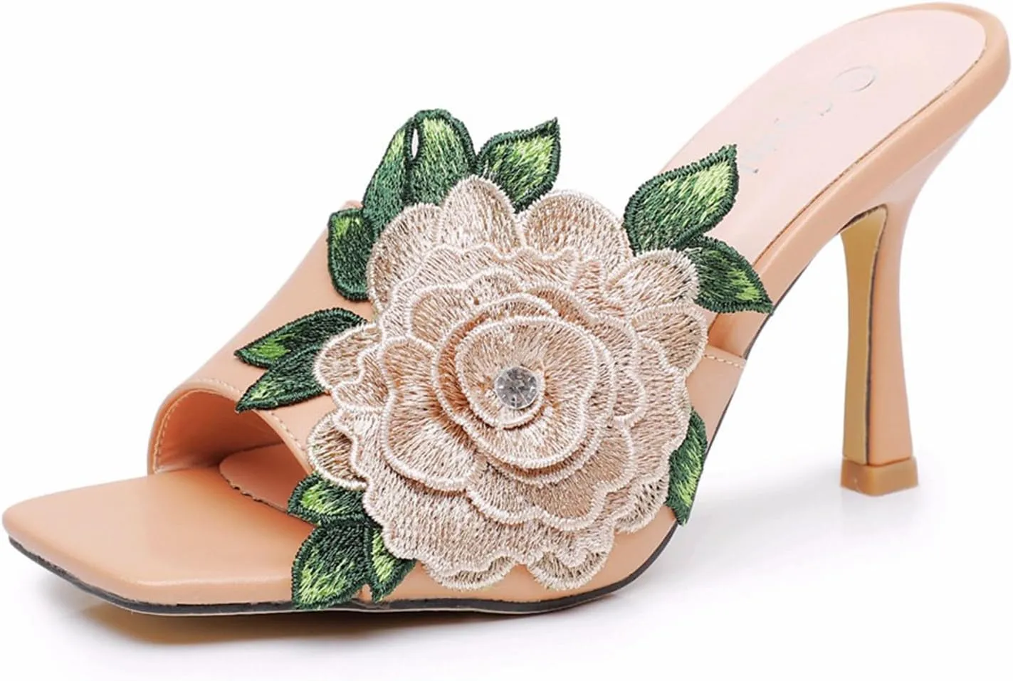 Women's Open Toe Leather Flowers Embroidery Stilettos Heel Sandals,Casual Square Toe Slip On Backless Mules,Sexy Dress White Wedding Party Shoes
