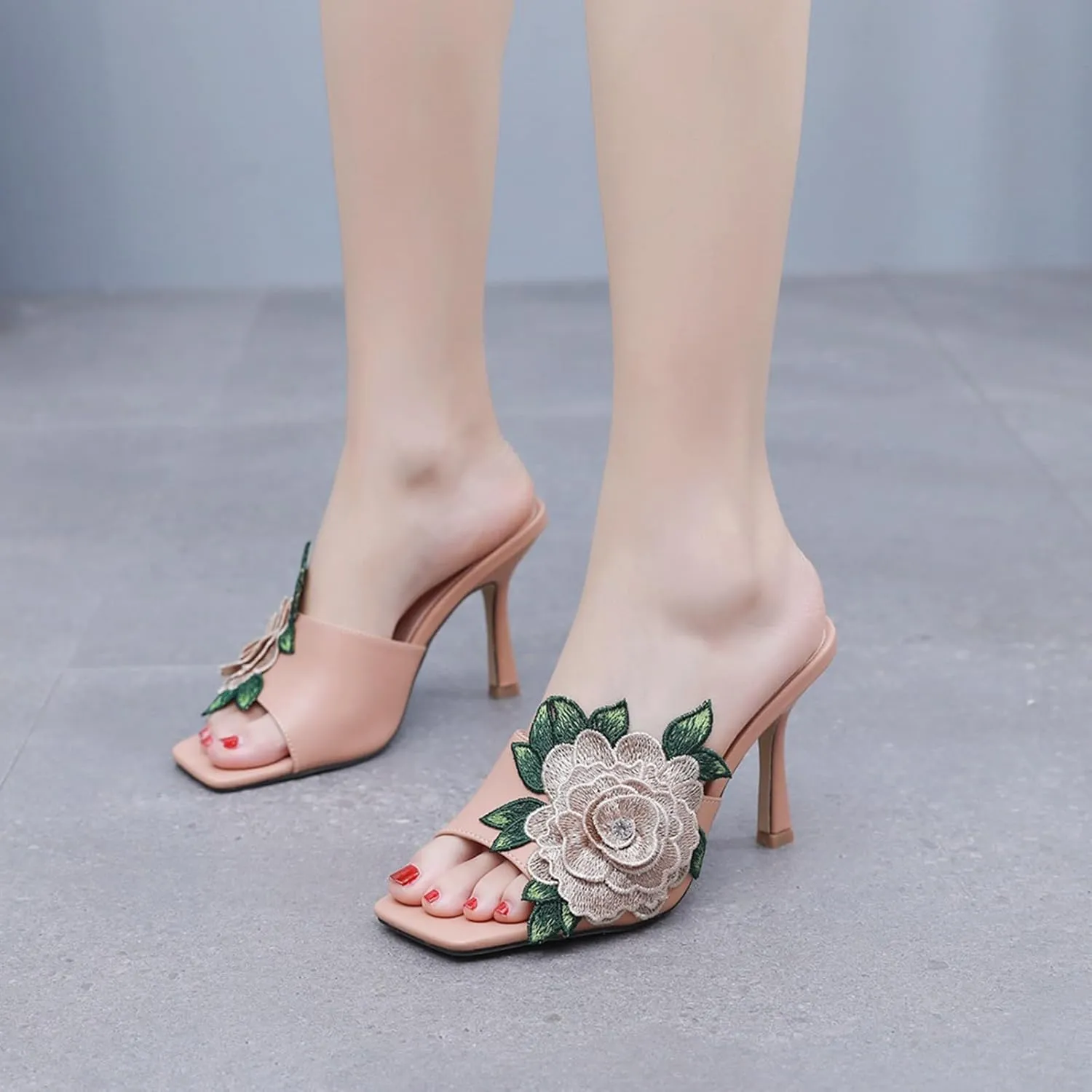 Women's Open Toe Leather Flowers Embroidery Stilettos Heel Sandals,Casual Square Toe Slip On Backless Mules,Sexy Dress White Wedding Party Shoes