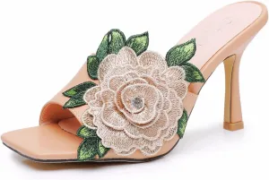 Women's Open Toe Leather Flowers Embroidery Stilettos Heel Sandals,Casual Square Toe Slip On Backless Mules,Sexy Dress White Wedding Party Shoes