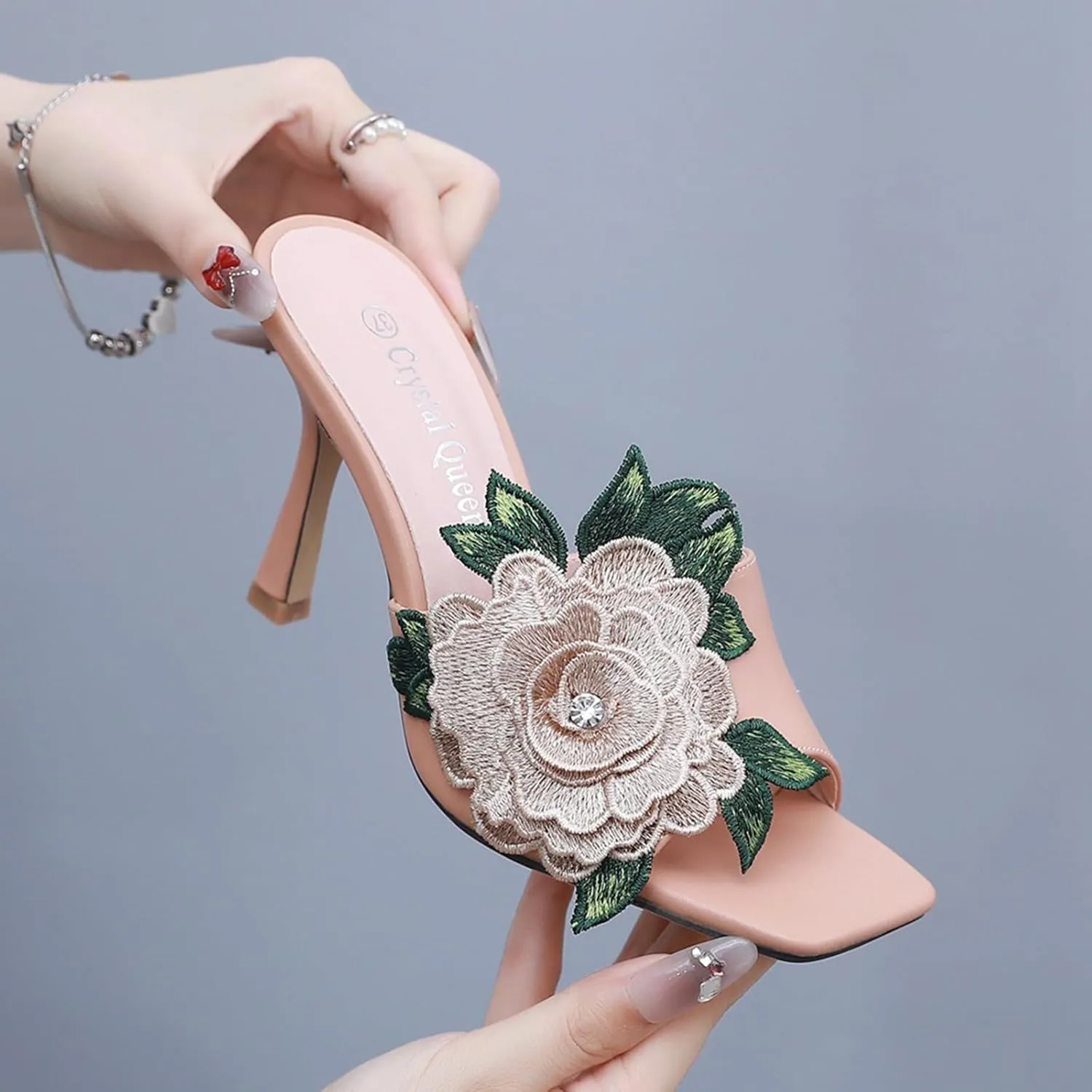 Women's Open Toe Leather Flowers Embroidery Stilettos Heel Sandals,Casual Square Toe Slip On Backless Mules,Sexy Dress White Wedding Party Shoes