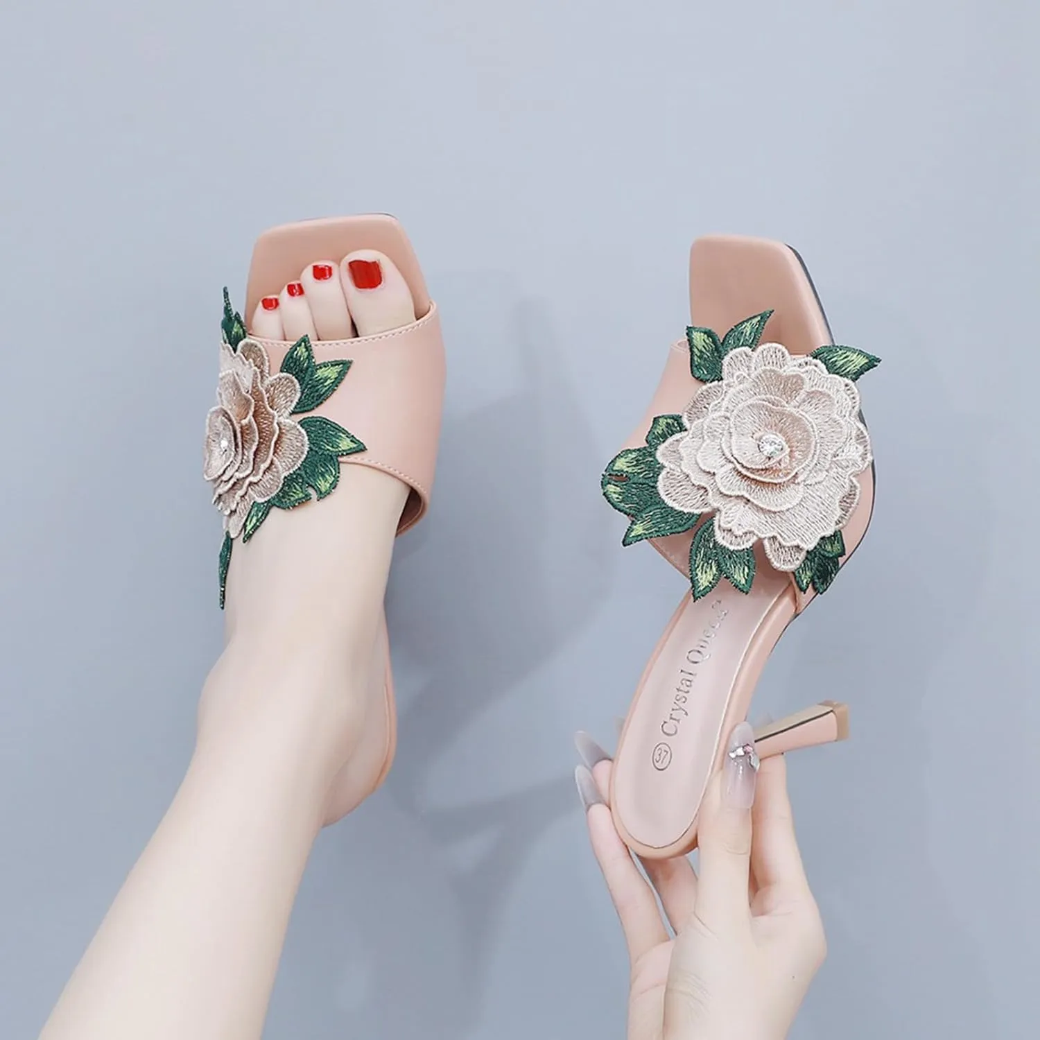 Women's Open Toe Leather Flowers Embroidery Stilettos Heel Sandals,Casual Square Toe Slip On Backless Mules,Sexy Dress White Wedding Party Shoes