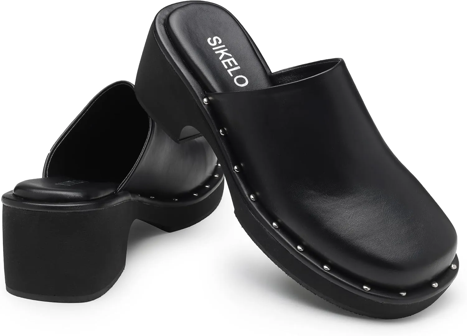 Women's Platform Clogs Chunky Heel Retro Shoes Silver Rivet Wide Square Toe Mules with Comfort Memory Foam Slip Resistant Slippers for Women