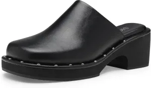 Women's Platform Clogs Chunky Heel Retro Shoes Silver Rivet Wide Square Toe Mules with Comfort Memory Foam Slip Resistant Slippers for Women