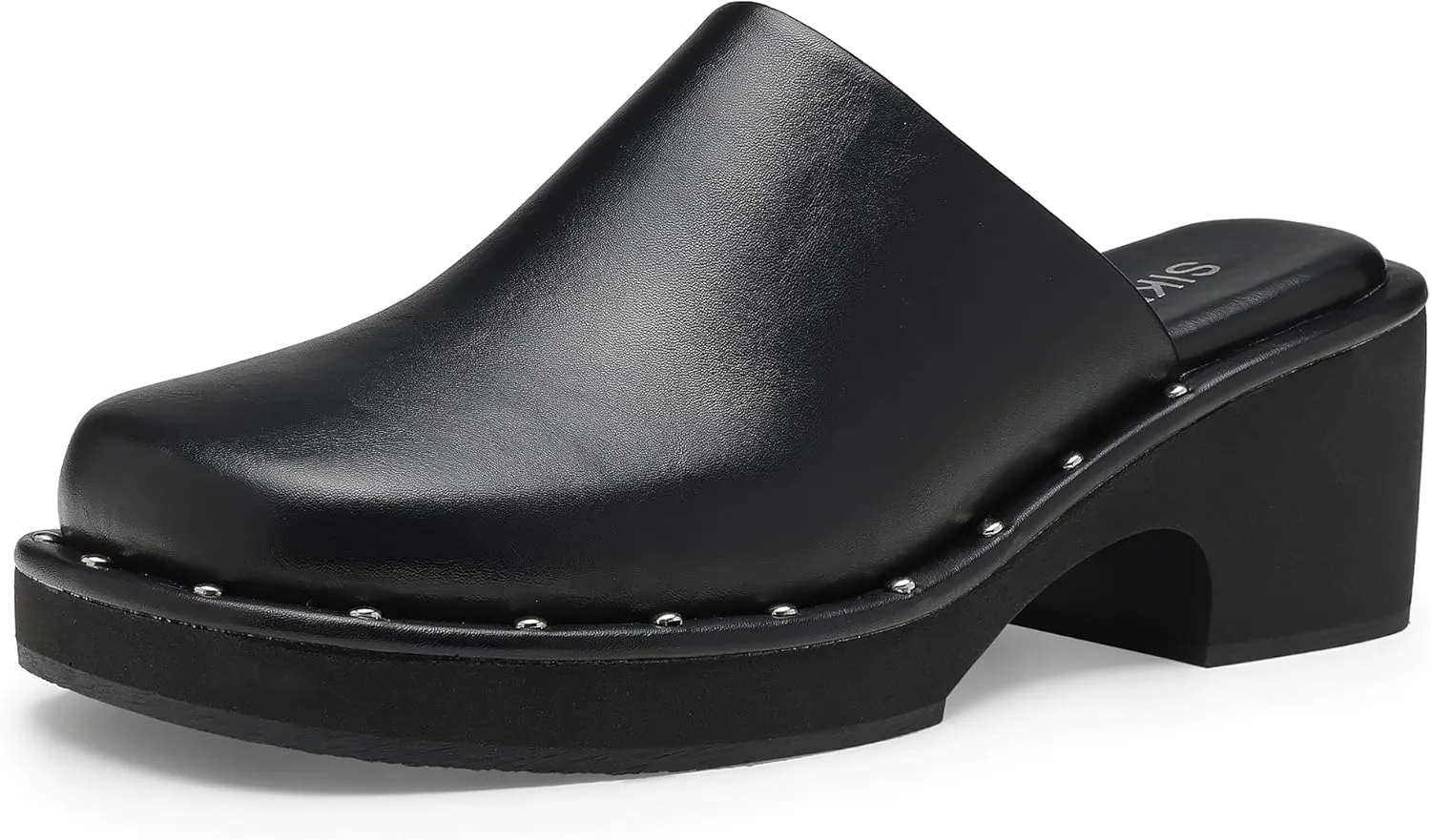 Women's Platform Clogs Chunky Heel Retro Shoes Silver Rivet Wide Square Toe Mules with Comfort Memory Foam Slip Resistant Slippers for Women
