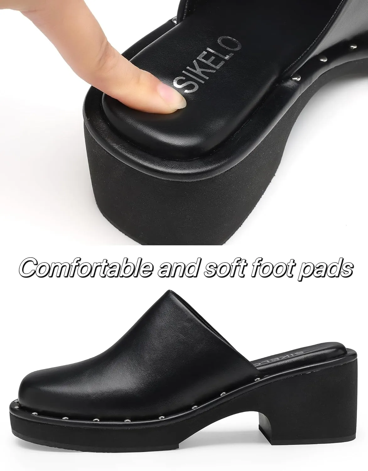 Women's Platform Clogs Chunky Heel Retro Shoes Silver Rivet Wide Square Toe Mules with Comfort Memory Foam Slip Resistant Slippers for Women