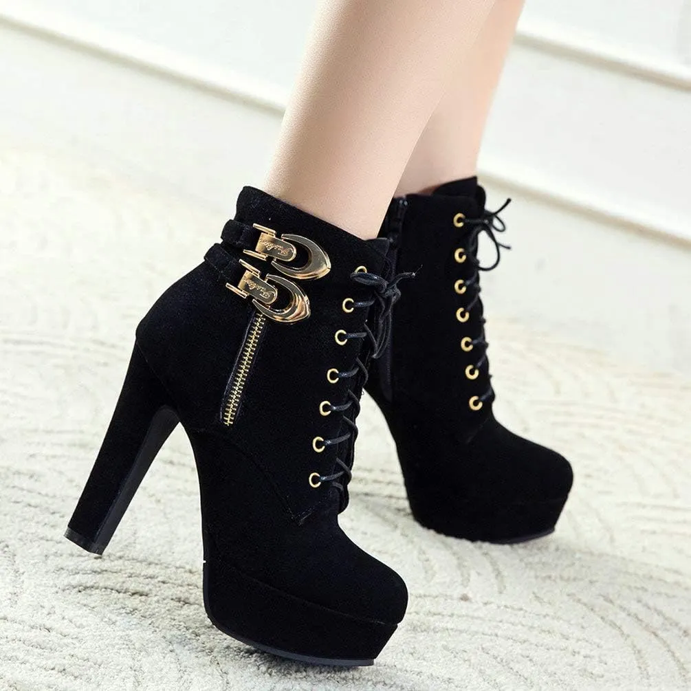 Womens Platform Lace Up Biker Boots Chunky High Heel Booties Buckle