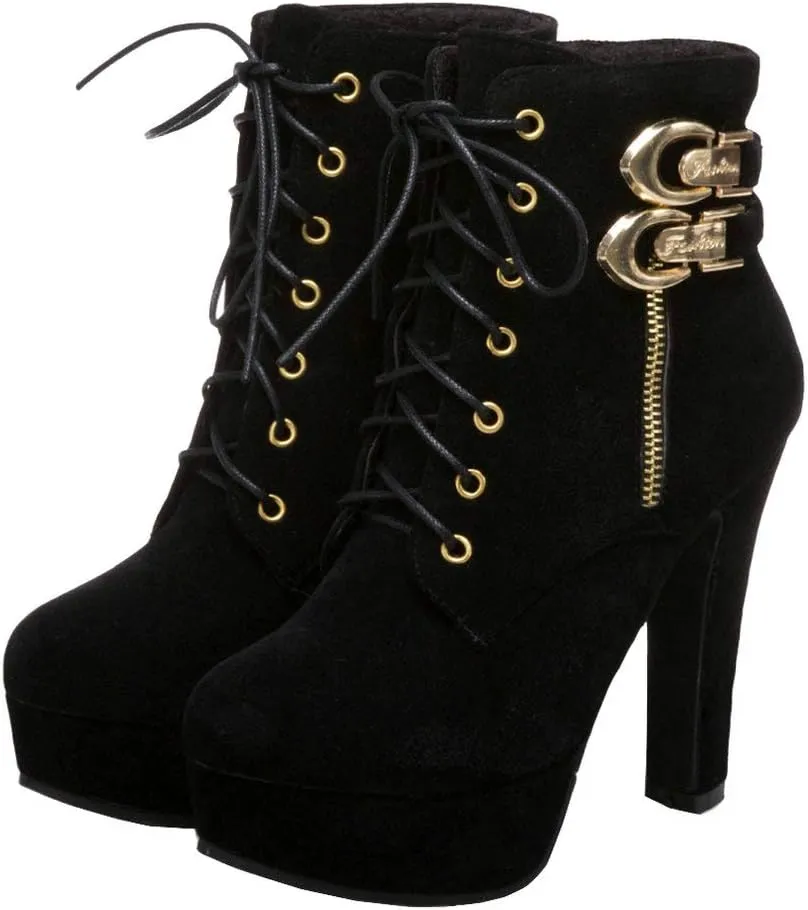 Womens Platform Lace Up Biker Boots Chunky High Heel Booties Buckle