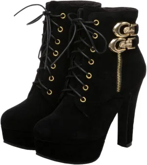 Womens Platform Lace Up Biker Boots Chunky High Heel Booties Buckle