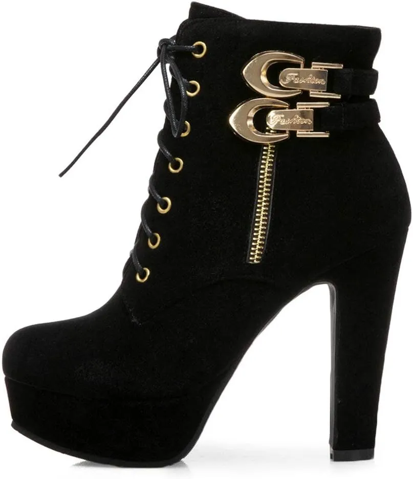 Womens Platform Lace Up Biker Boots Chunky High Heel Booties Buckle