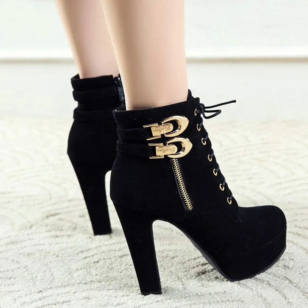 Womens Platform Lace Up Biker Boots Chunky High Heel Booties Buckle