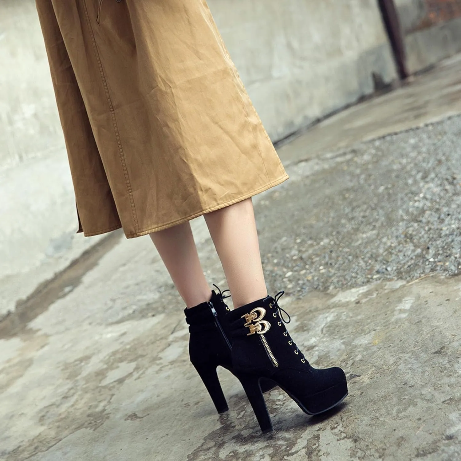 Womens Platform Lace Up Biker Boots Chunky High Heel Booties Buckle