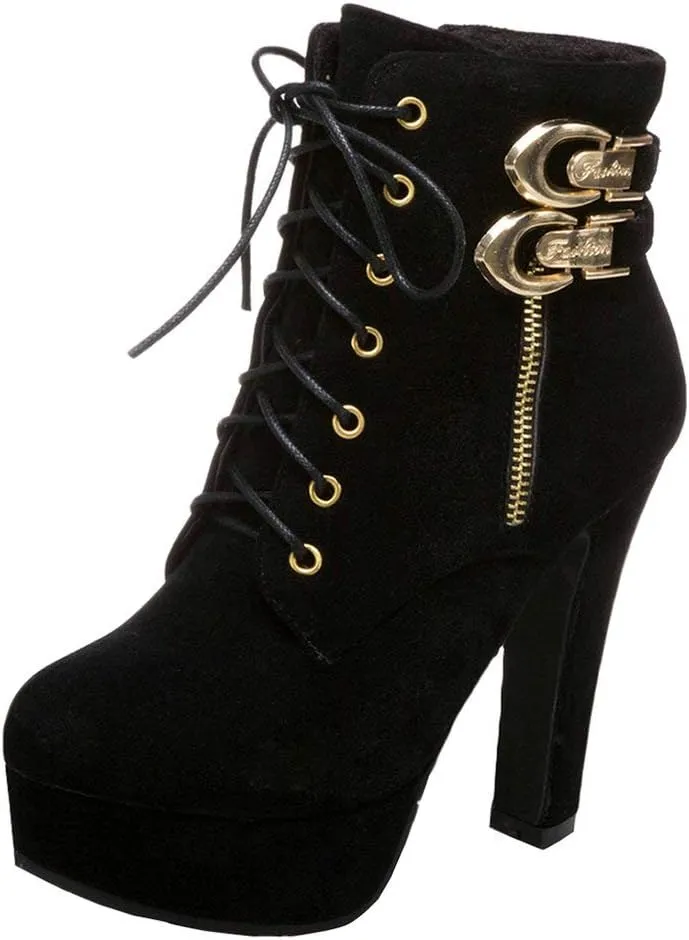Womens Platform Lace Up Biker Boots Chunky High Heel Booties Buckle