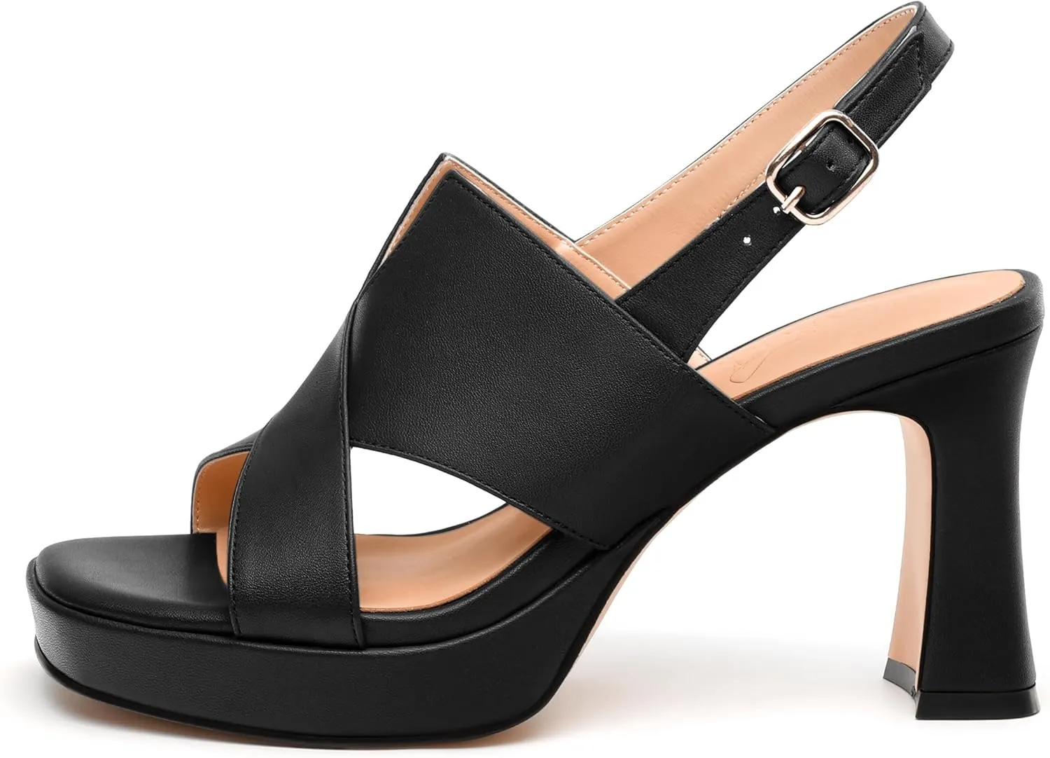 Womens Platform Sandals, Square Peep Toe Chunky Heel Ankle Strap Sandals for Women, Leather Insole Heeled Sandals with Buckle 3.3"
