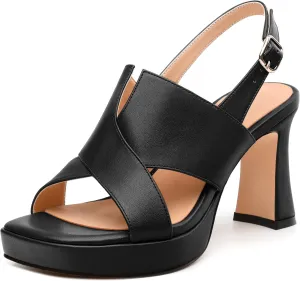 Womens Platform Sandals, Square Peep Toe Chunky Heel Ankle Strap Sandals for Women, Leather Insole Heeled Sandals with Buckle 3.3"