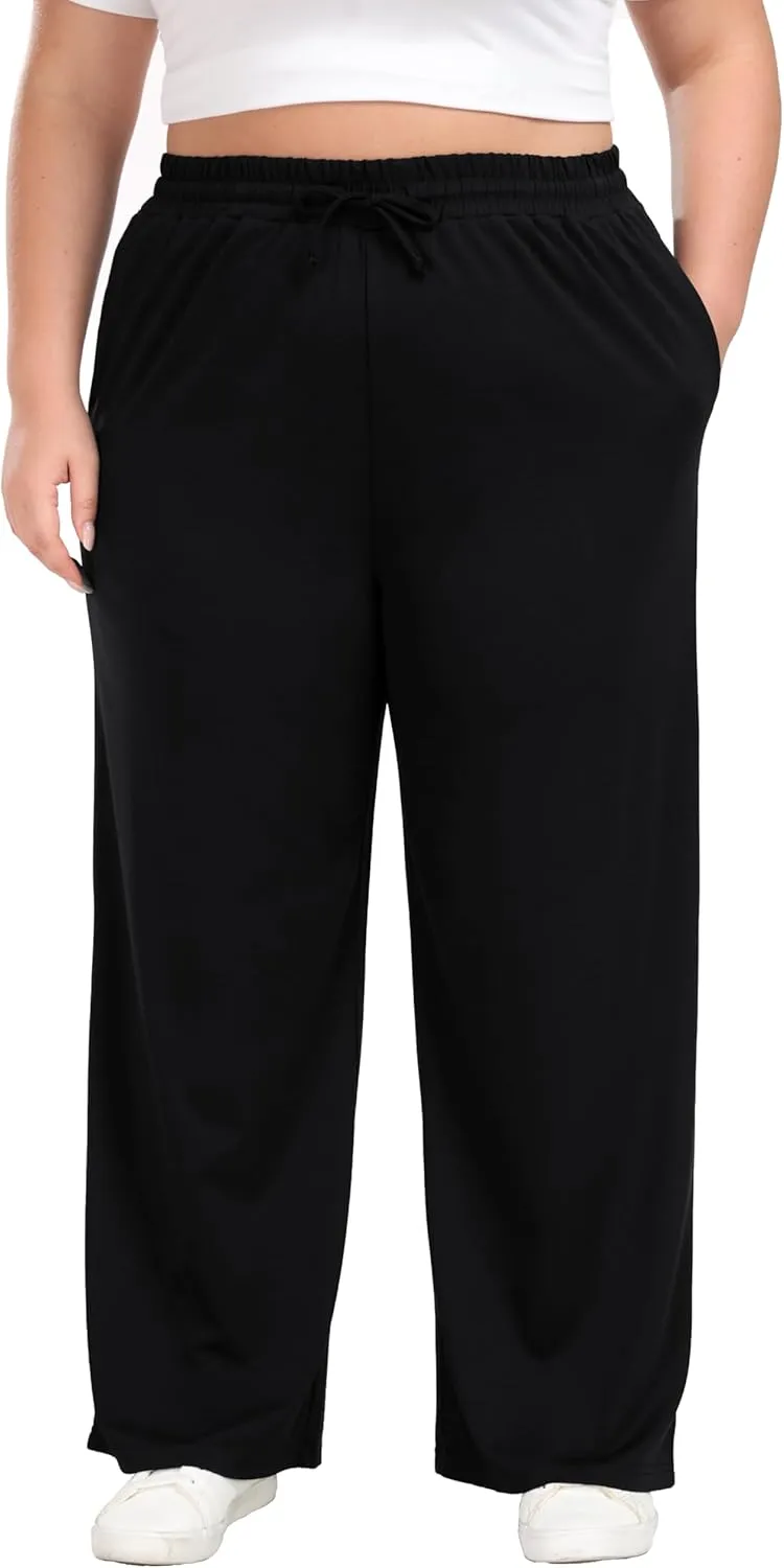 Women's Plus Size Wide Leg Pants Elastic Waist Casual Pants Summer Loose Fit Sweatpants with Pockets Drawstring