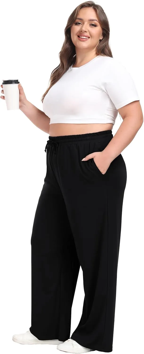 Women's Plus Size Wide Leg Pants Elastic Waist Casual Pants Summer Loose Fit Sweatpants with Pockets Drawstring