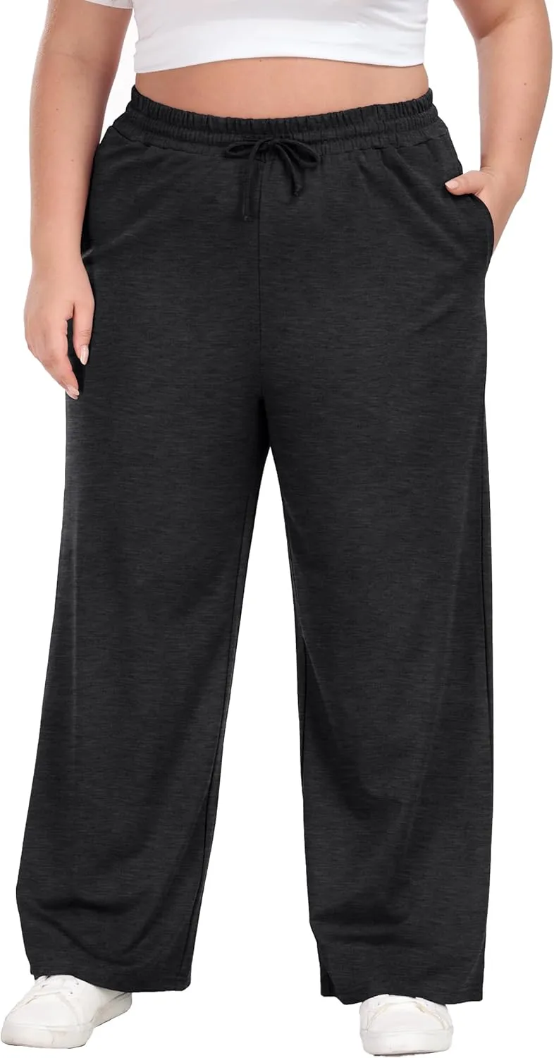 Women's Plus Size Wide Leg Pants Elastic Waist Casual Pants Summer Loose Fit Sweatpants with Pockets Drawstring