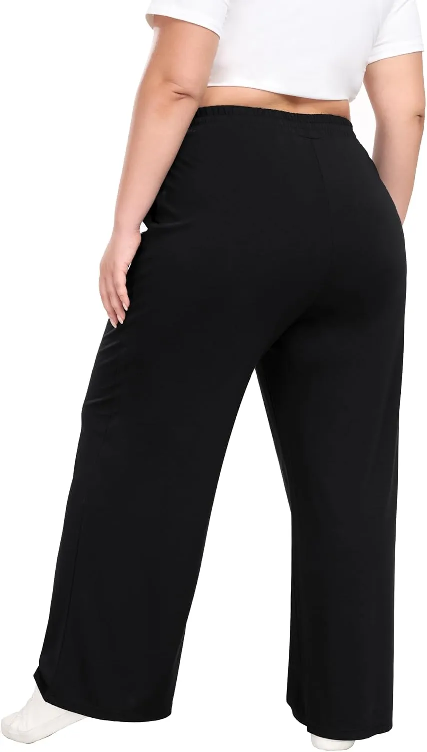 Women's Plus Size Wide Leg Pants Elastic Waist Casual Pants Summer Loose Fit Sweatpants with Pockets Drawstring