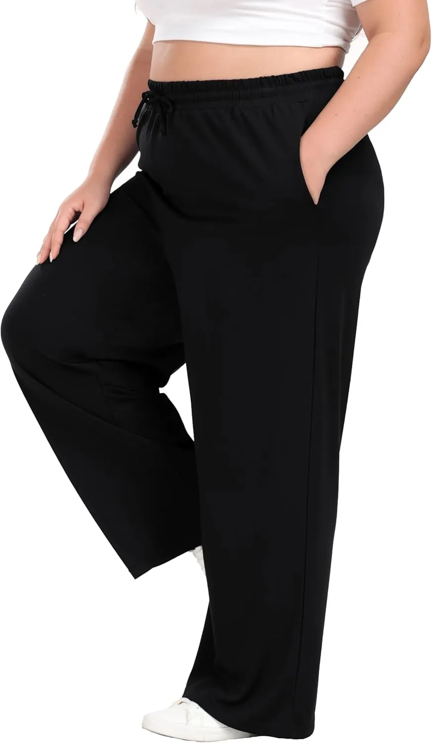 Women's Plus Size Wide Leg Pants Elastic Waist Casual Pants Summer Loose Fit Sweatpants with Pockets Drawstring
