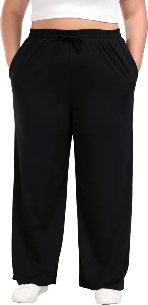 Women's Plus Size Wide Leg Pants Elastic Waist Casual Pants Summer Loose Fit Sweatpants with Pockets Drawstring