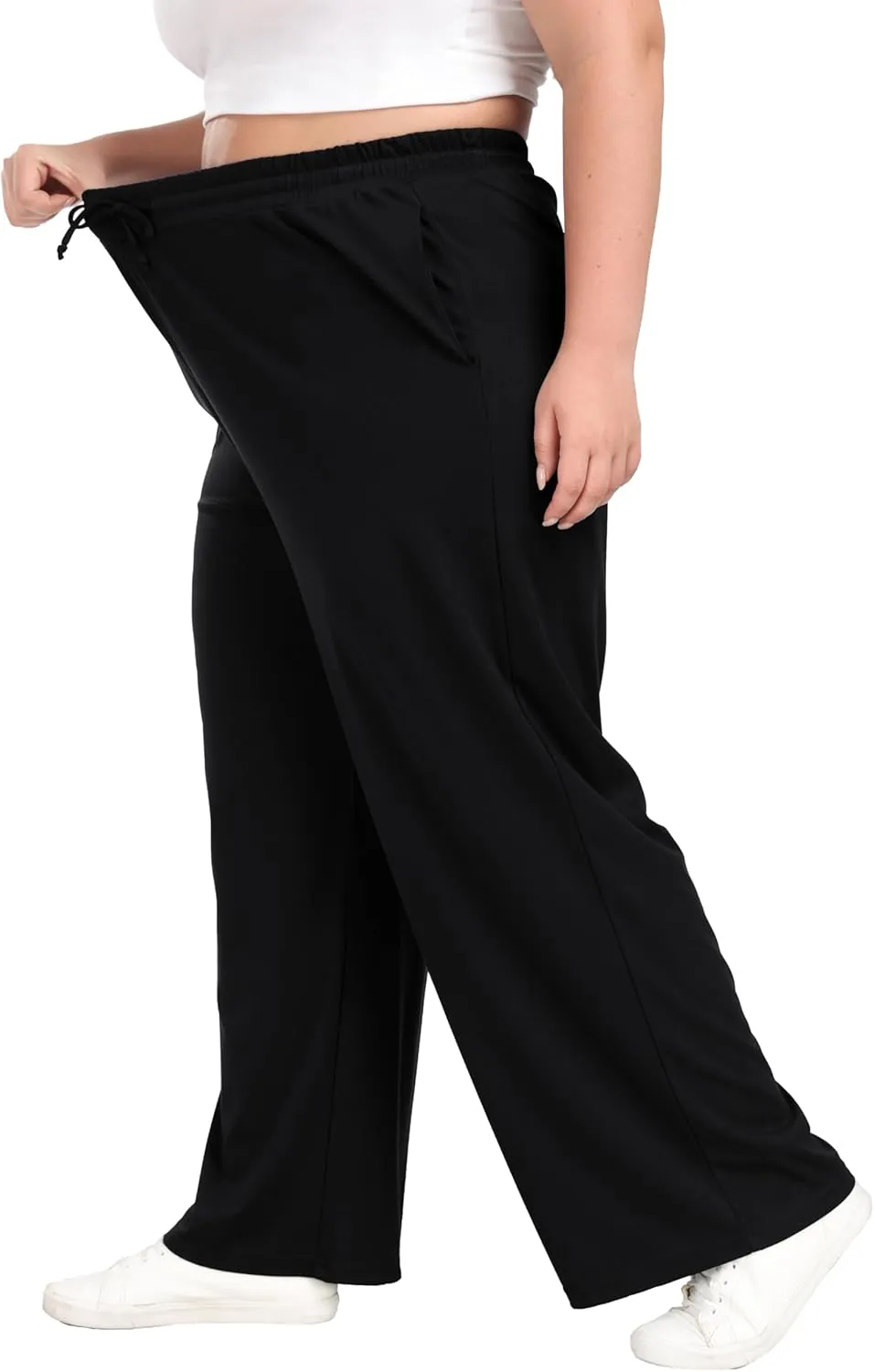 Women's Plus Size Wide Leg Pants Elastic Waist Casual Pants Summer Loose Fit Sweatpants with Pockets Drawstring