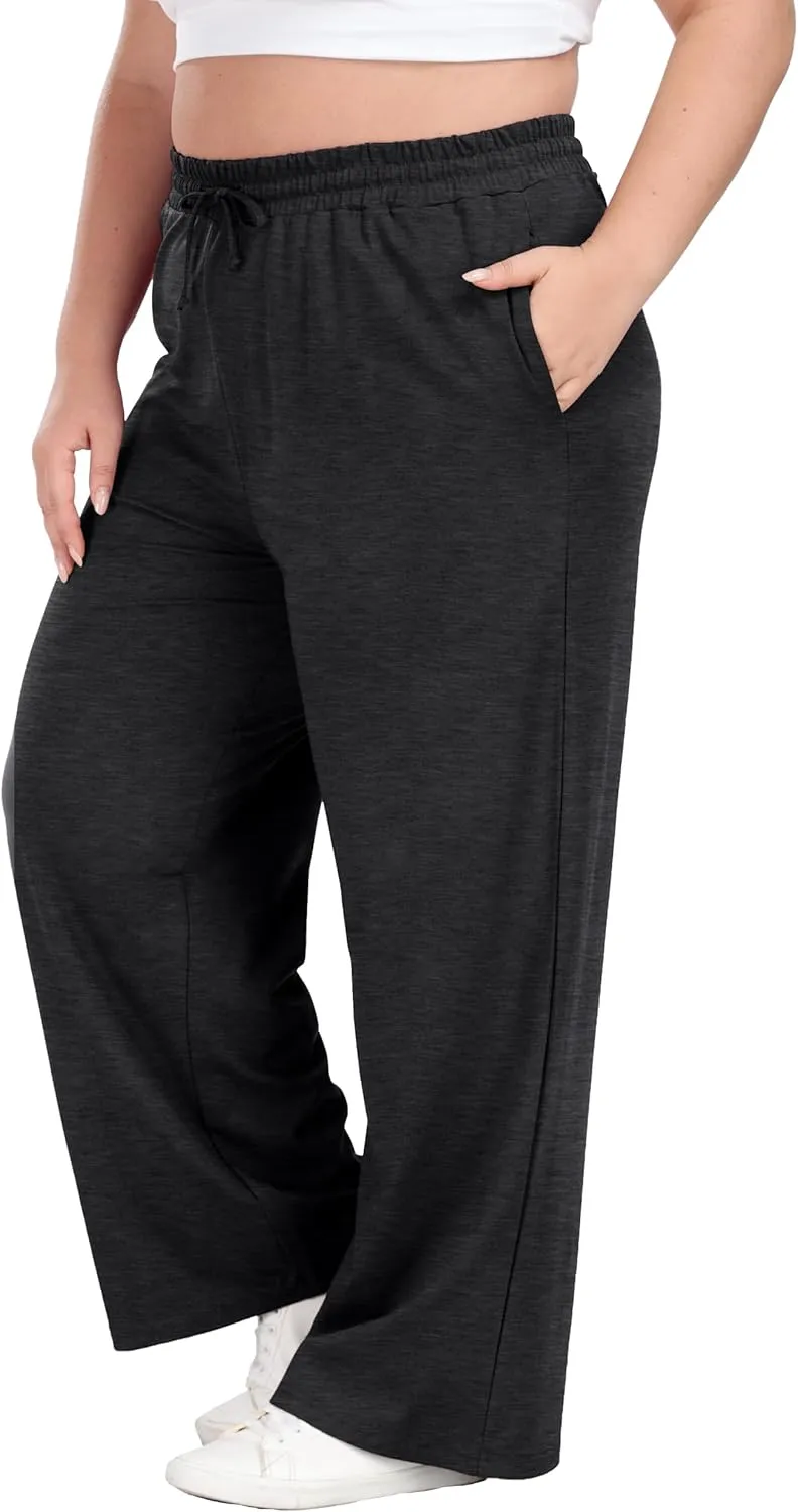 Women's Plus Size Wide Leg Pants Elastic Waist Casual Pants Summer Loose Fit Sweatpants with Pockets Drawstring